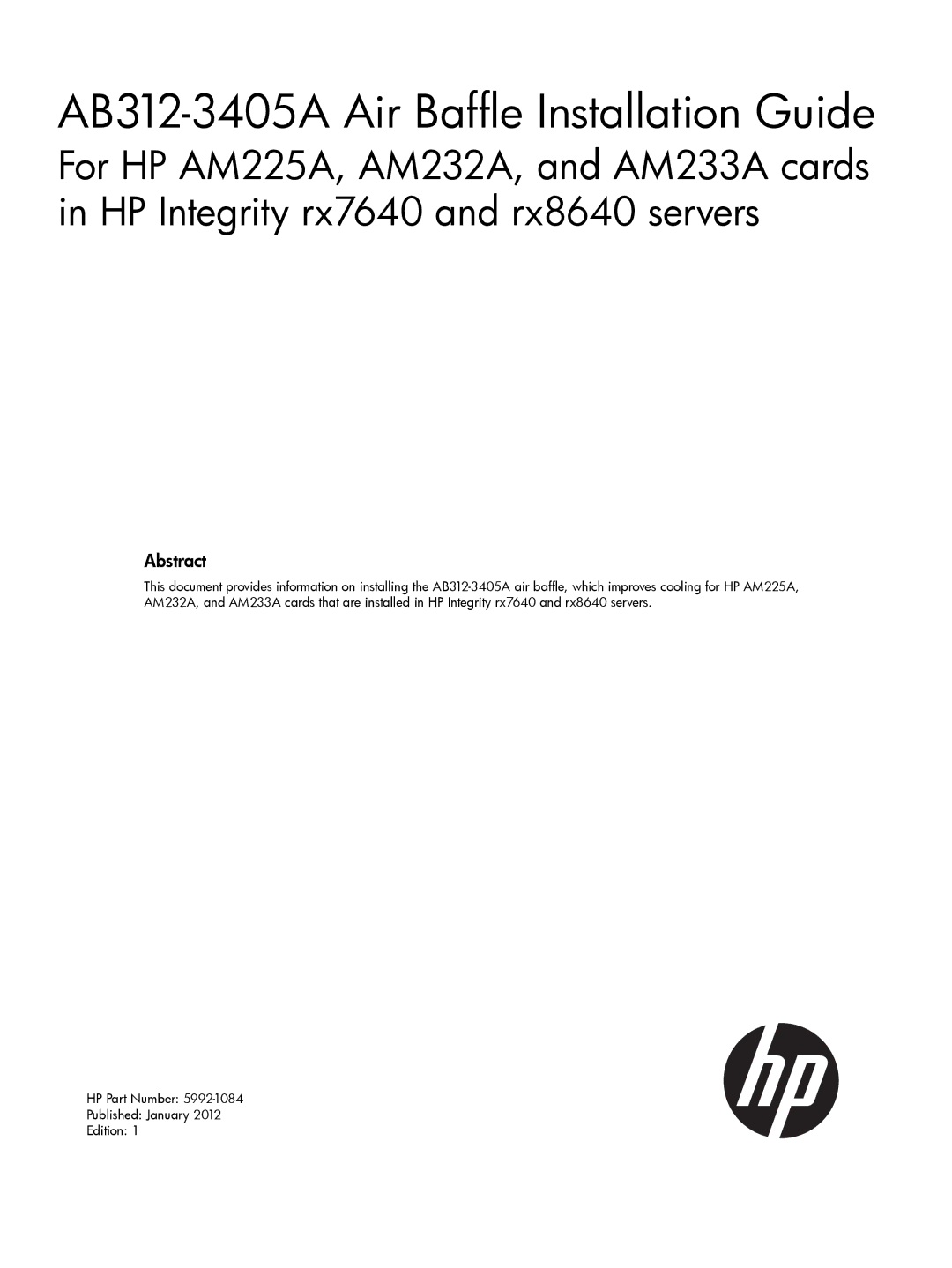 HP 10 Gigabit Ethernet Cards manual AB312-3405A Air Baffle Installation Guide 