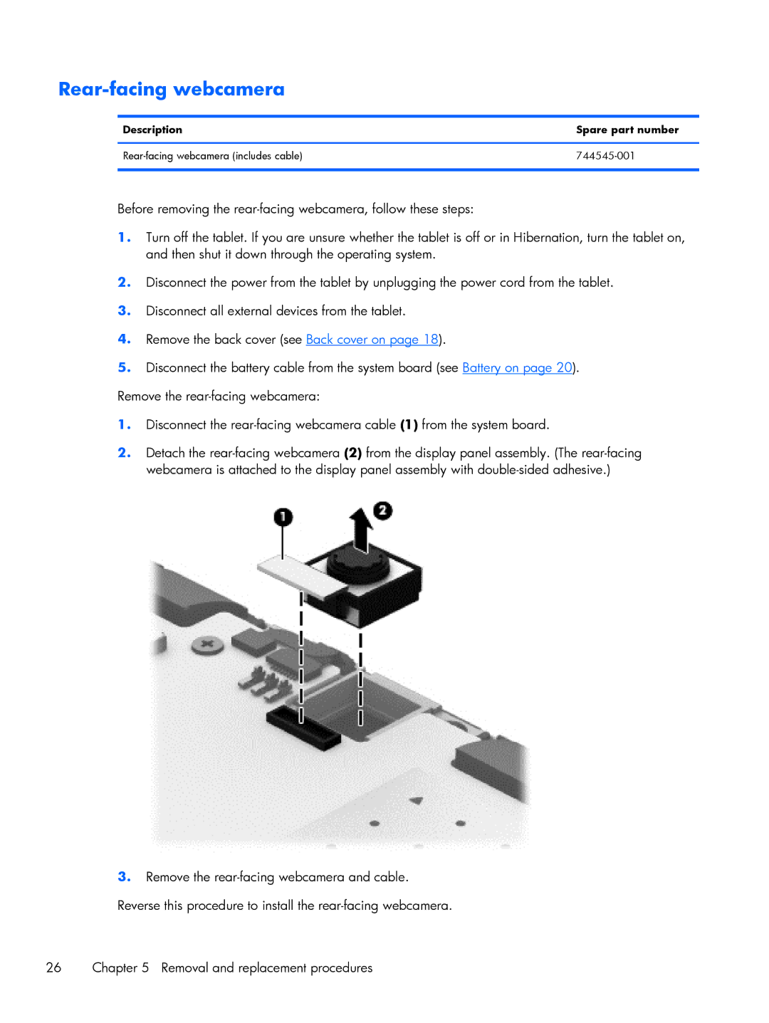 HP 10 HD 3608us, 10 HD 3510us, 10 HD 3500us, 10 HD 3600us manual Rear-facing webcamera, Description Spare part number 