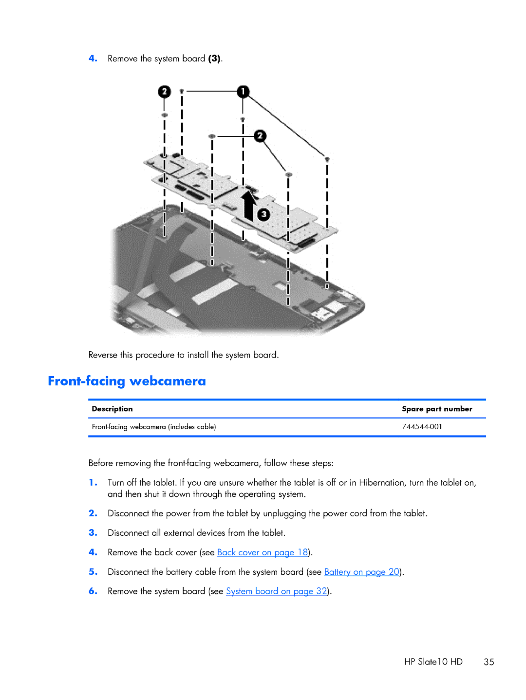 HP 10 HD 3510us, 10 HD 3608us, 10 HD 3500us, 10 HD 3600us manual Front-facing webcamera, Description Spare part number 