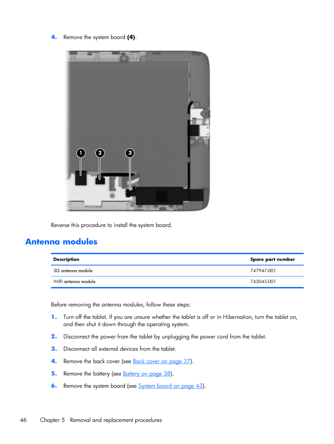 HP 10 HD 3608us, 10 HD 3510us, 10 HD 3500us, 10 HD 3600us manual Antenna modules, Description Spare part number 