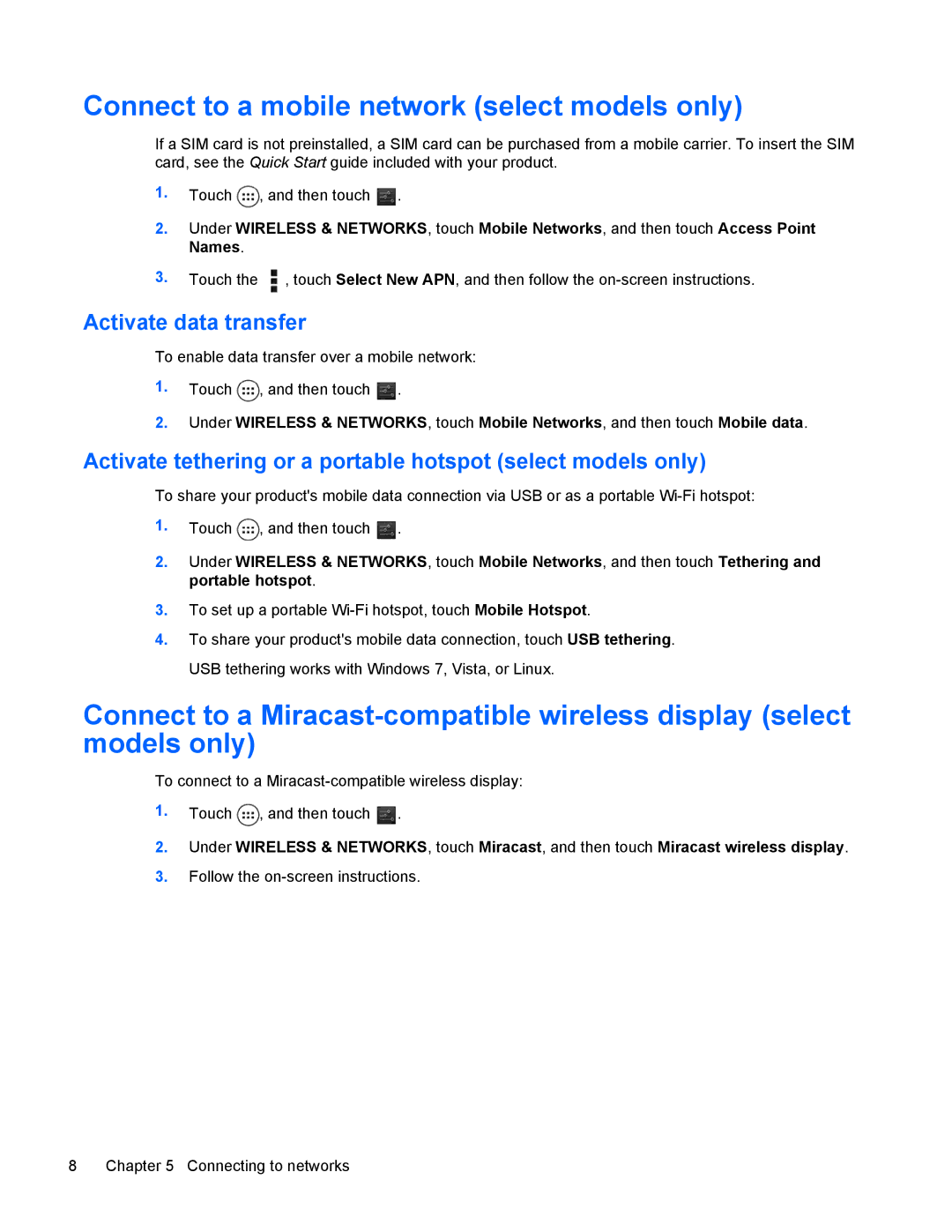 HP 10 HD manual Connect to a mobile network select models only, Activate data transfer 