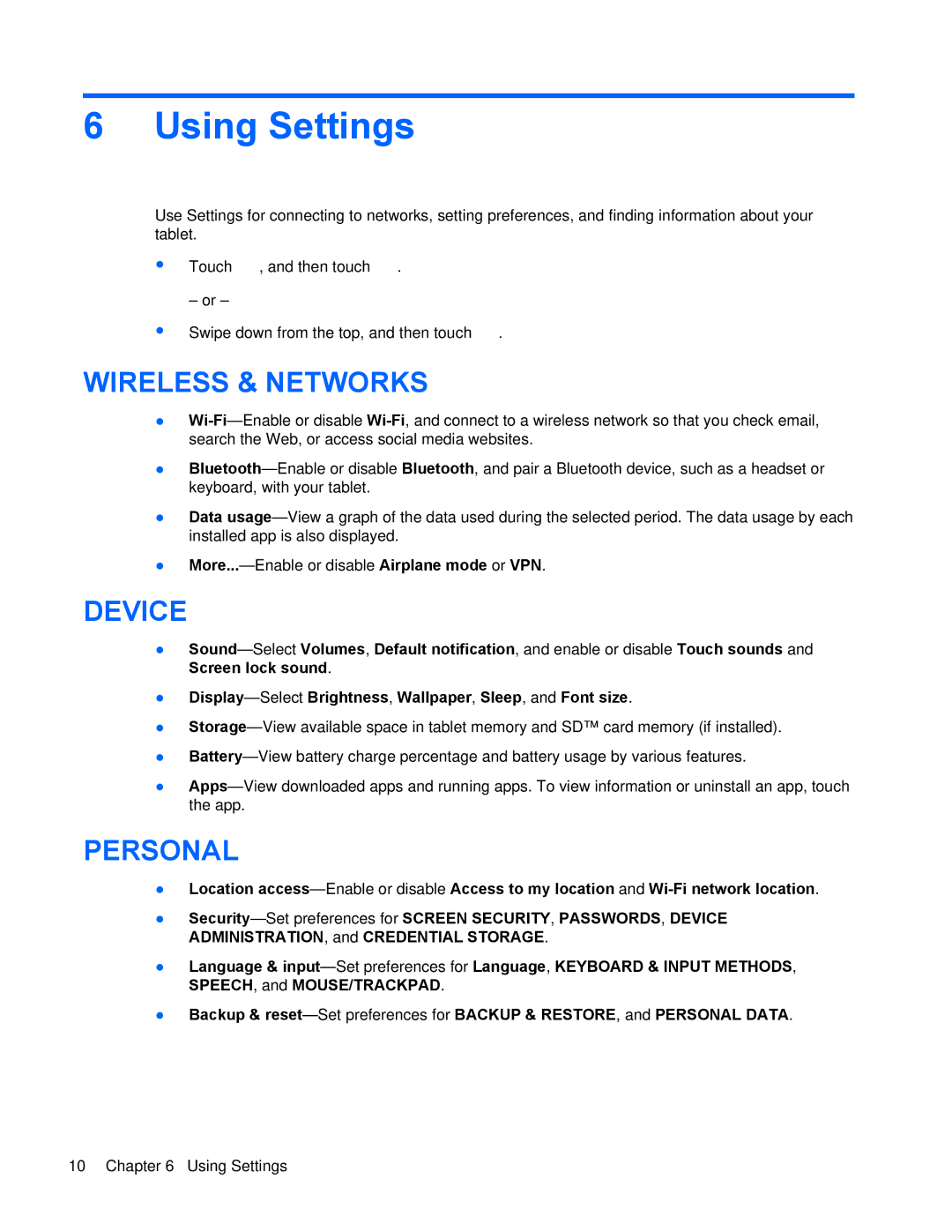 HP 10 HD manual Using Settings, Wireless & Networks 