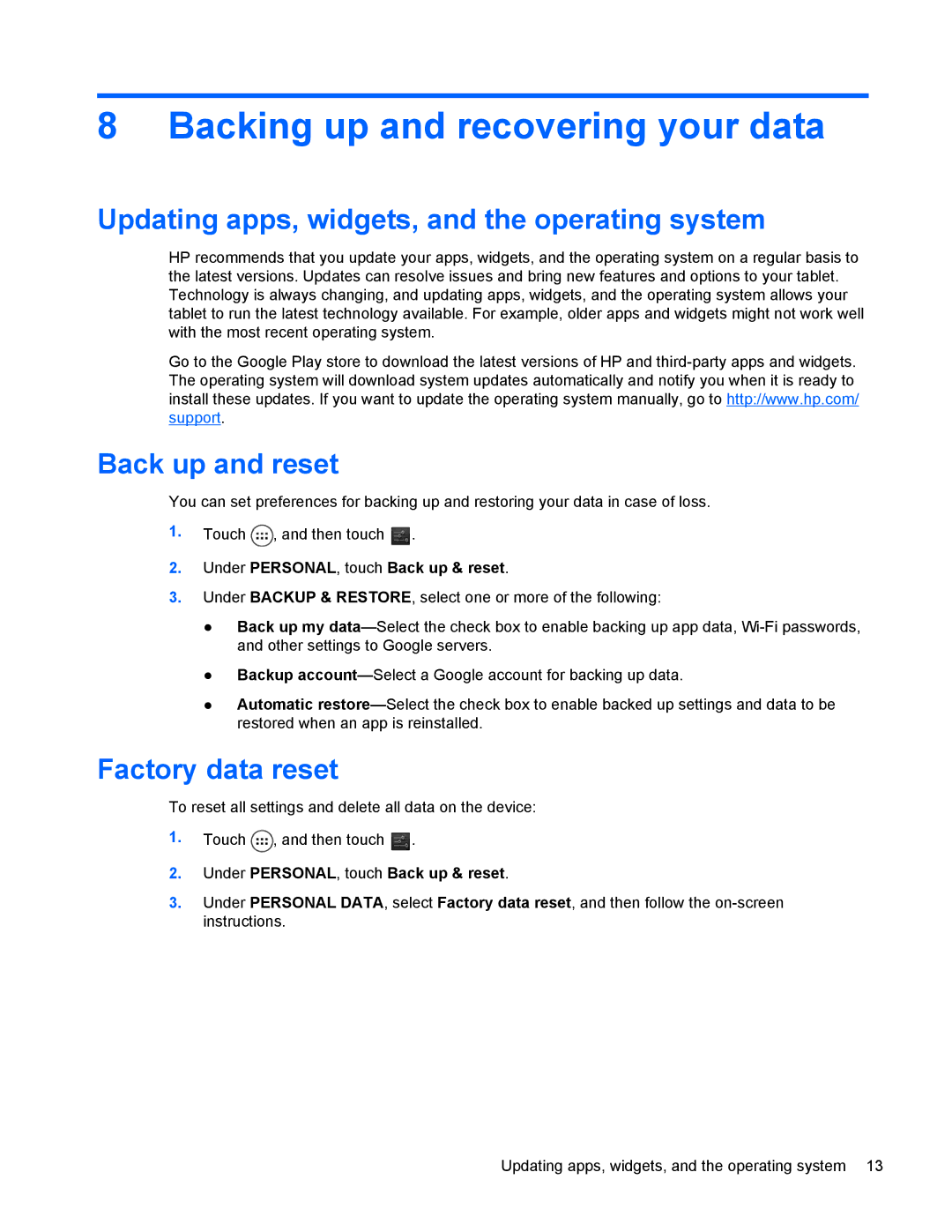 HP 10 HD manual Backing up and recovering your data, Updating apps, widgets, and the operating system, Back up and reset 