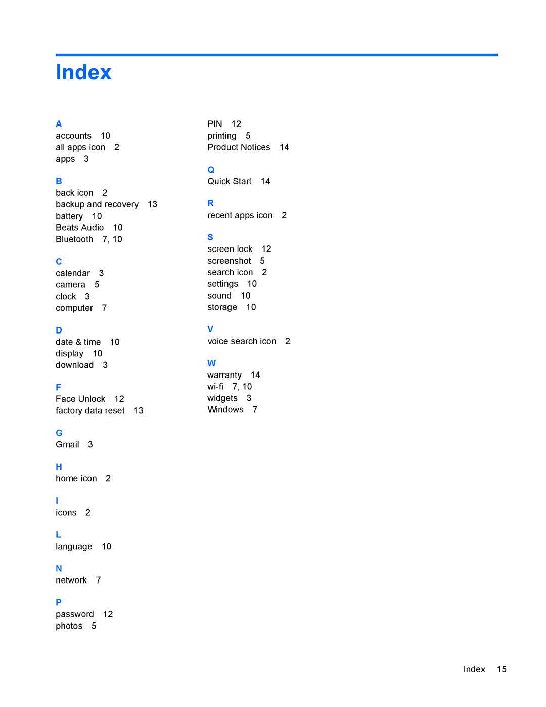 HP 10 HD manual Index 