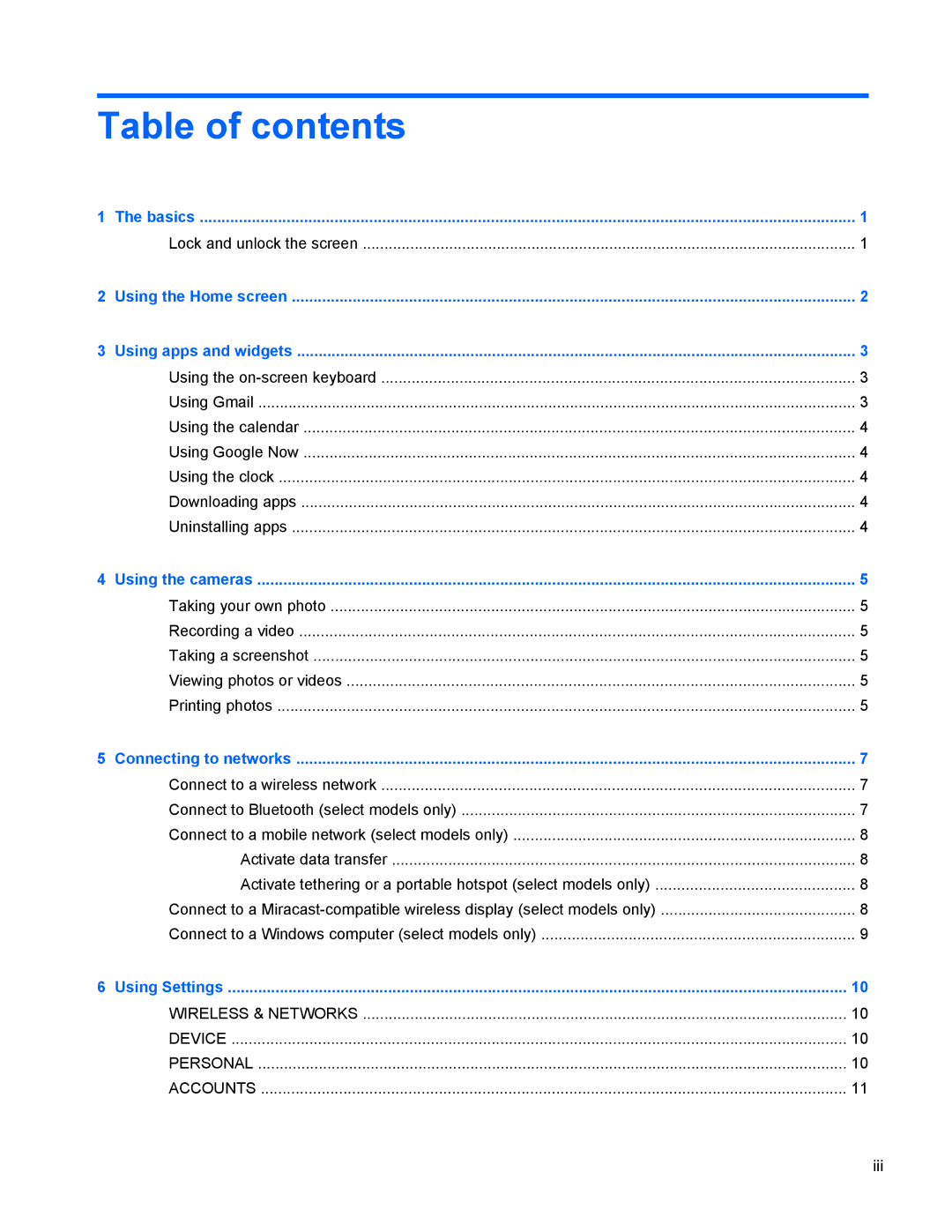 HP 10 HD manual Table of contents 