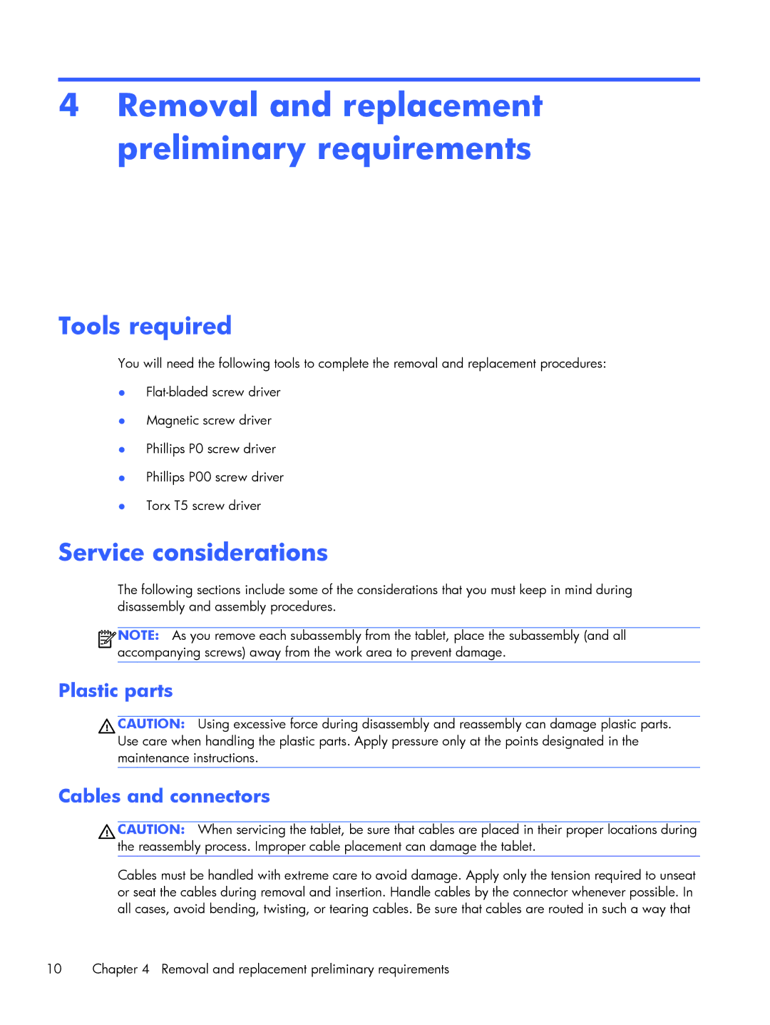 HP 10 Plus - 3700nf manual Removal and replacement preliminary requirements, Tools required, Service considerations 