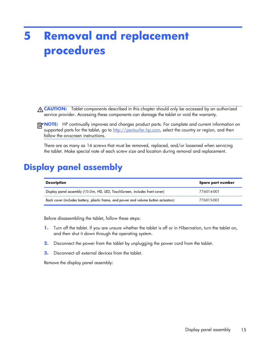 HP 10 Plus - 3700nf manual Removal and replacement procedures, Display panel assembly, Description Spare part number 