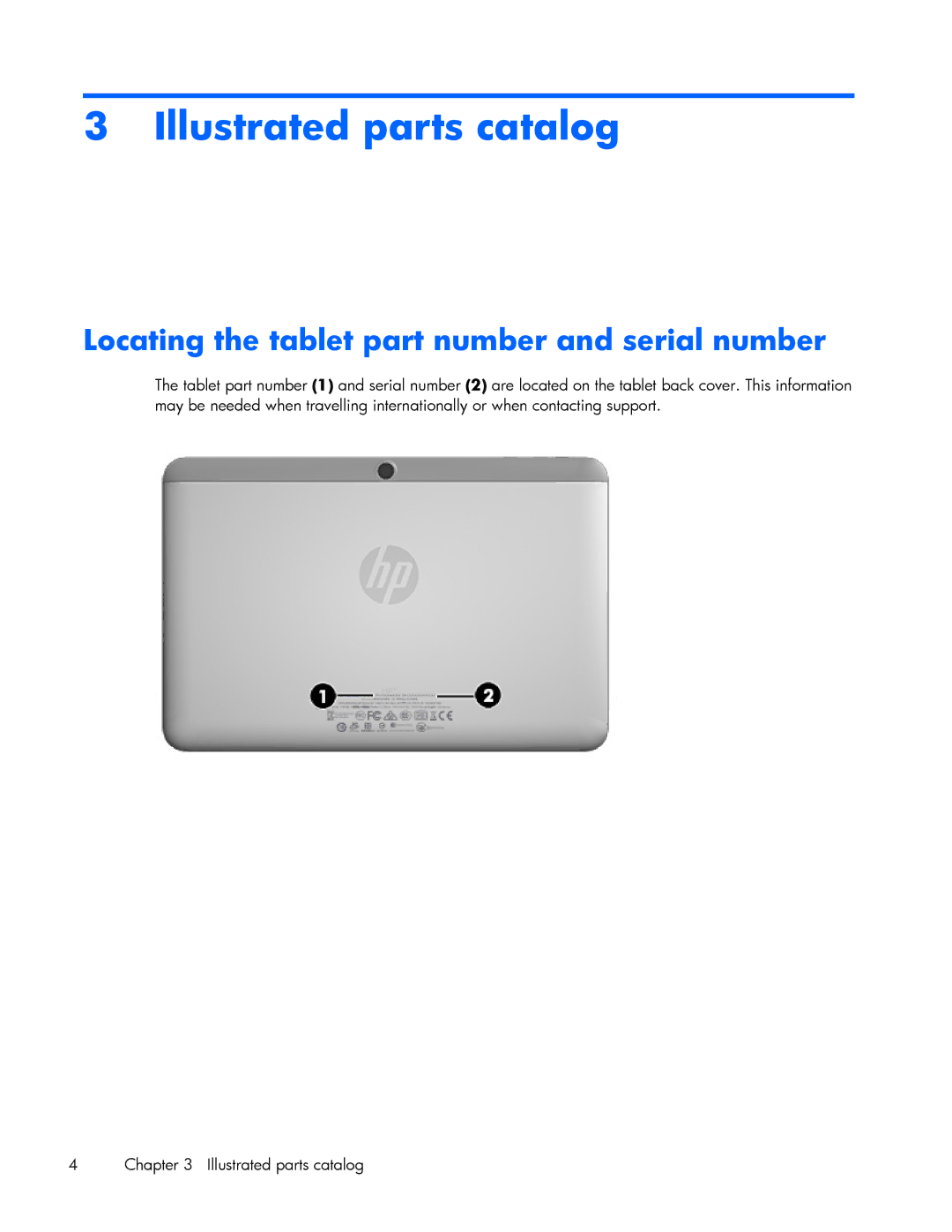 HP 10 Plus 2201 manual Illustrated parts catalog, Locating the tablet part number and serial number 