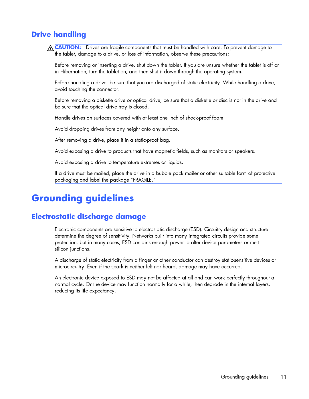 HP 10 Plus 2201 manual Grounding guidelines, Drive handling 