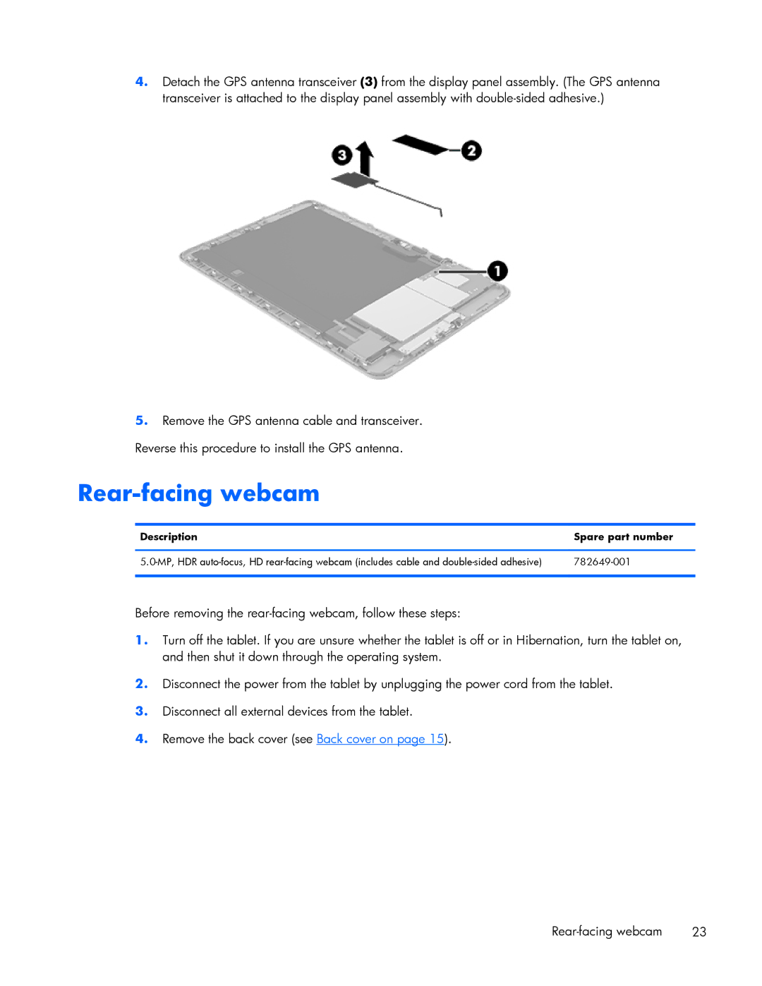 HP 10 Plus 2201 manual Rear-facing webcam, Description Spare part number 