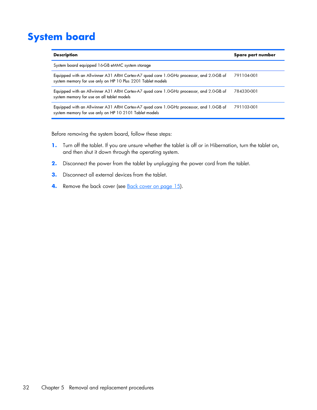 HP 10 Plus 2201 manual System board, Description Spare part number 