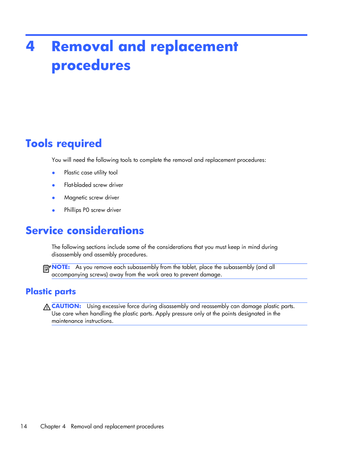 HP 10 manual Removal and replacement procedures, Tools required, Service considerations, Plastic parts 