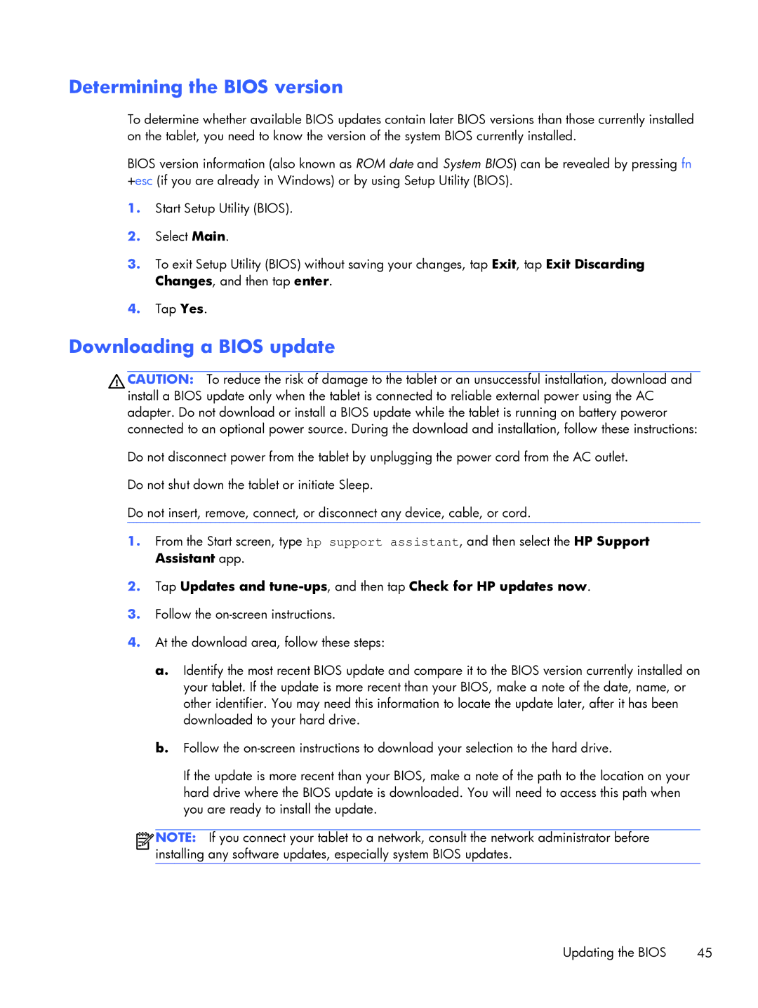 HP 10 manual Determining the Bios version, Downloading a Bios update 