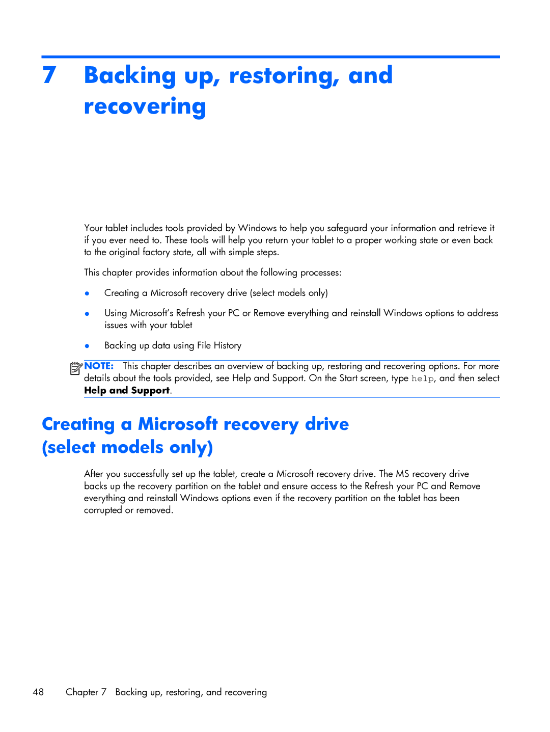 HP 10 manual Backing up, restoring, and recovering, Creating a Microsoft recovery drive select models only 