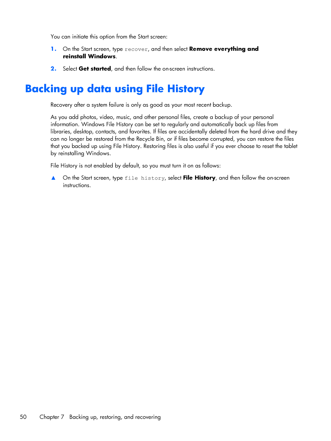 HP 10 manual Backing up data using File History 