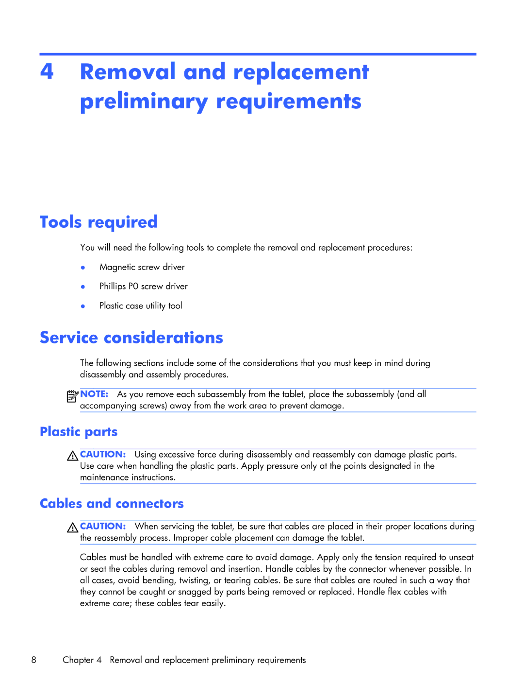 HP 10 manual Removal and replacement preliminary requirements, Tools required, Service considerations 