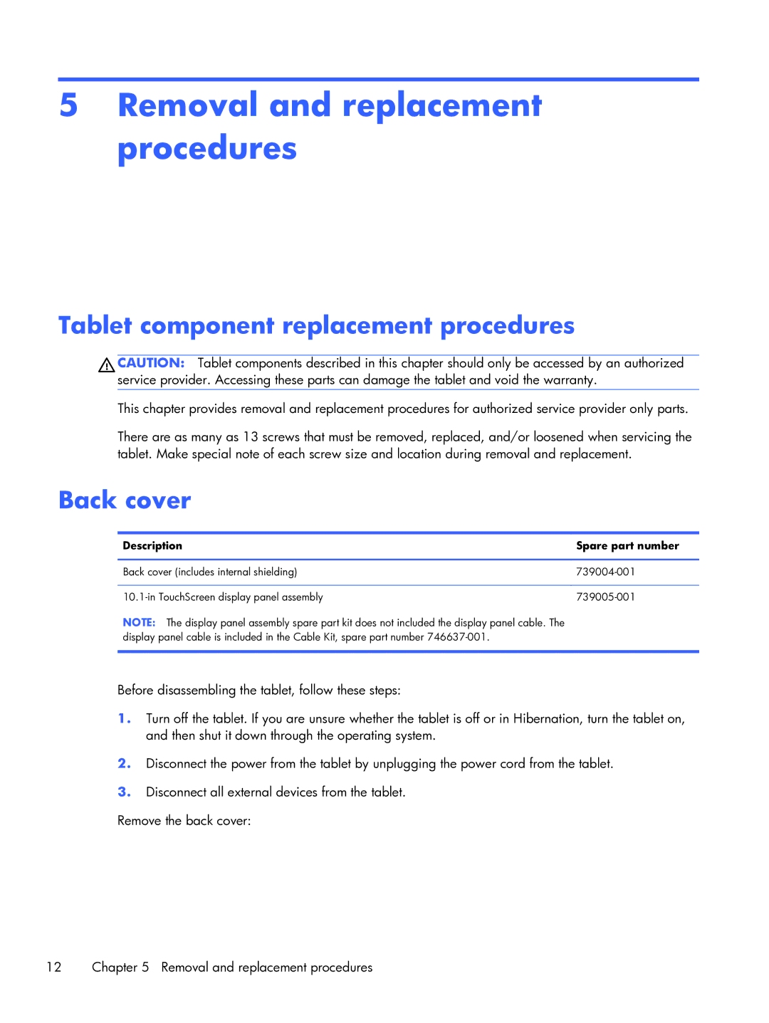 HP 10 manual Removal and replacement procedures, Tablet component replacement procedures, Back cover 