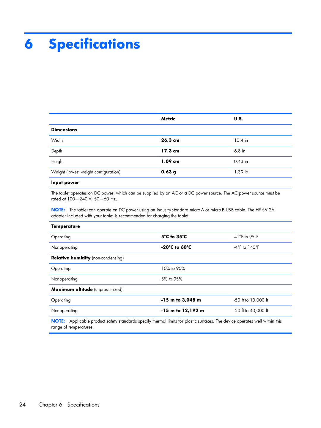 HP 10 manual Specifications 