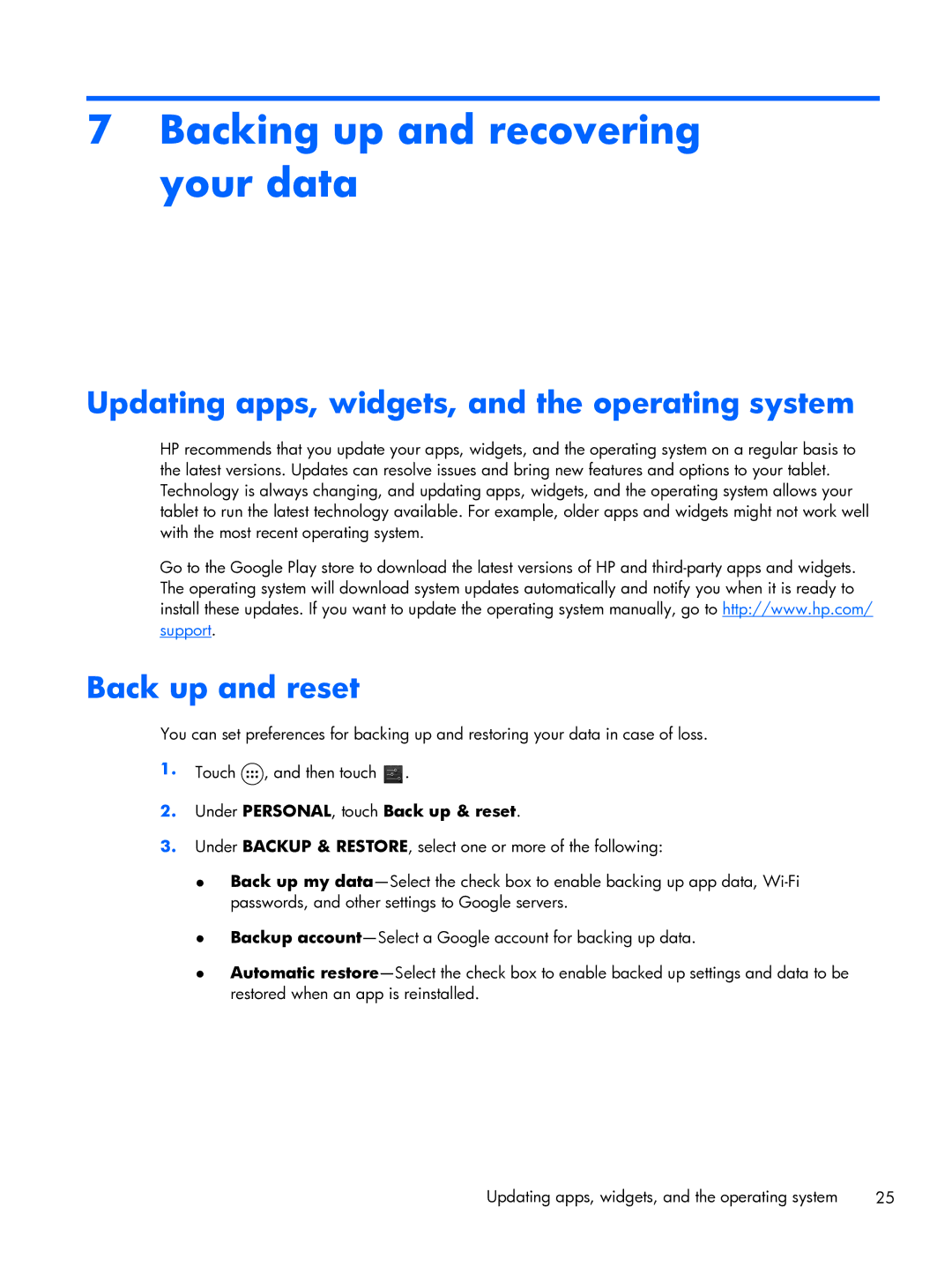 HP 10 manual Backing up and recovering your data, Updating apps, widgets, and the operating system, Back up and reset 