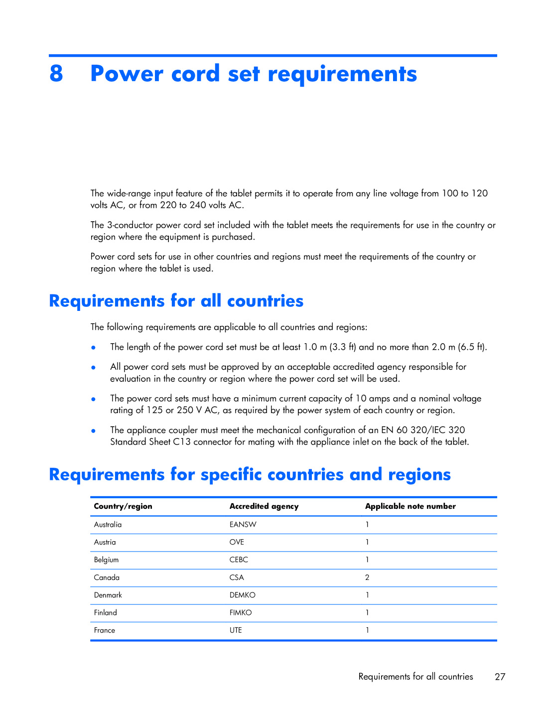 HP 10 manual Power cord set requirements, Requirements for all countries, Requirements for specific countries and regions 