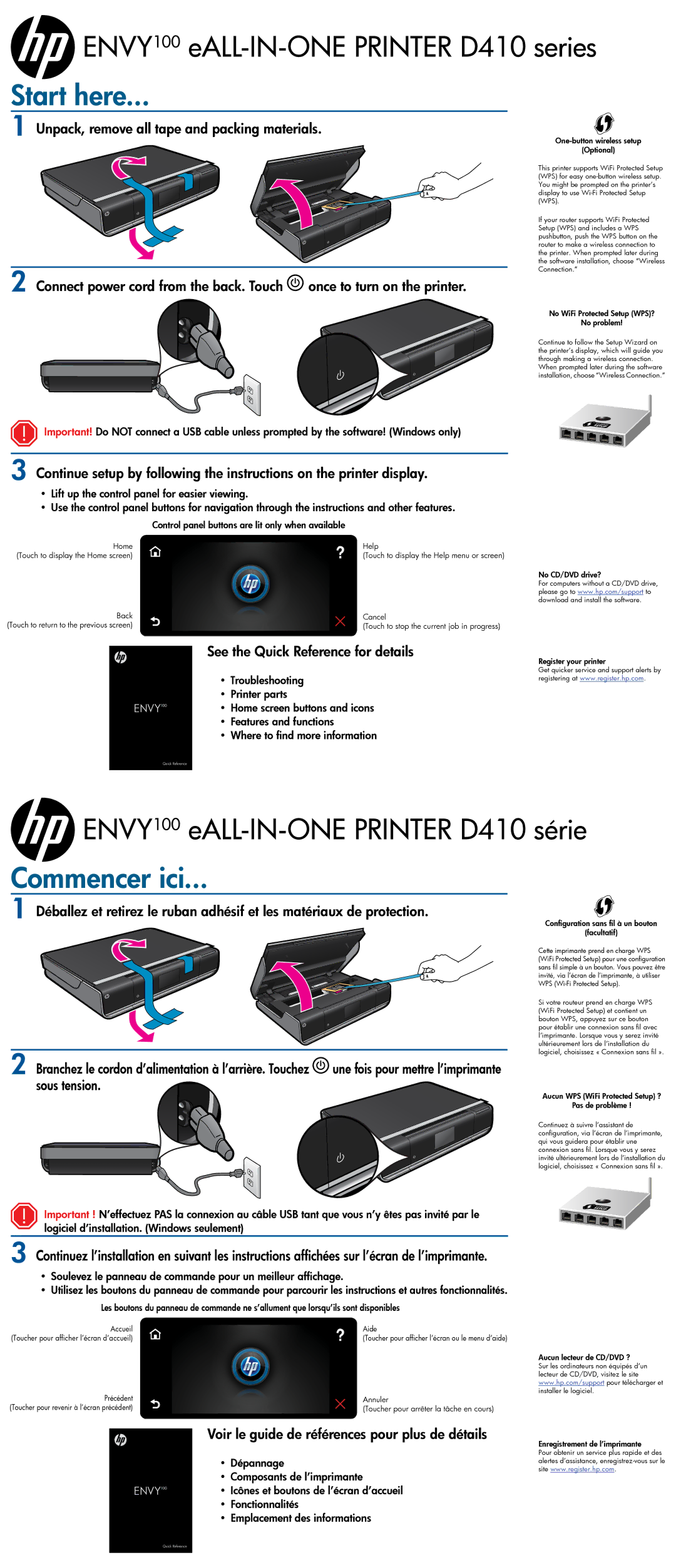 HP 100 - D410b, 100 - D410a manual Start here, Commencer ici, See the Quick Reference for details, Sous tension 