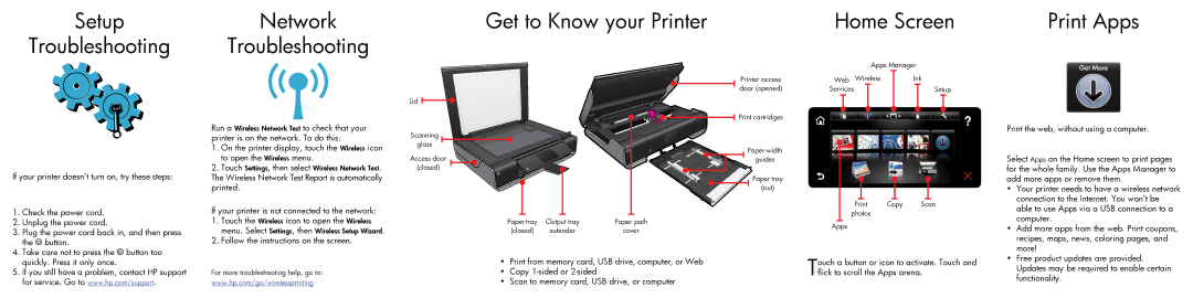 HP 100 - D410a manual Print Apps, Follow the instructions on the screen, Touch Settings, then select Wireless Network Test 