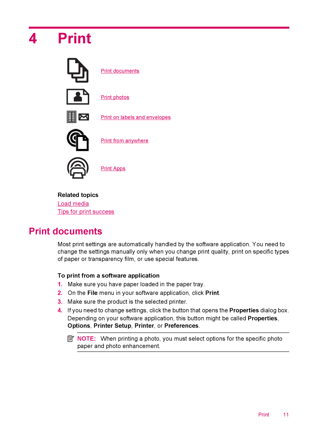 HP 100 - D410a, 100 - D410b manual Print documents, Related topics, To print from a software application 