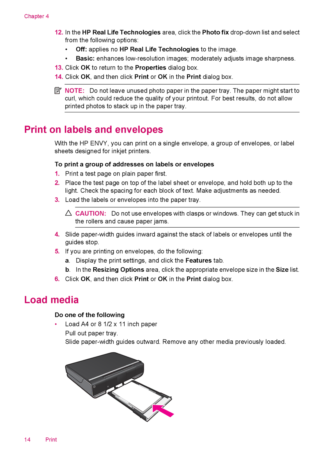 HP 100 - D410b manual Print on labels and envelopes, Load media, Off applies no HP Real Life Technologies to the image 