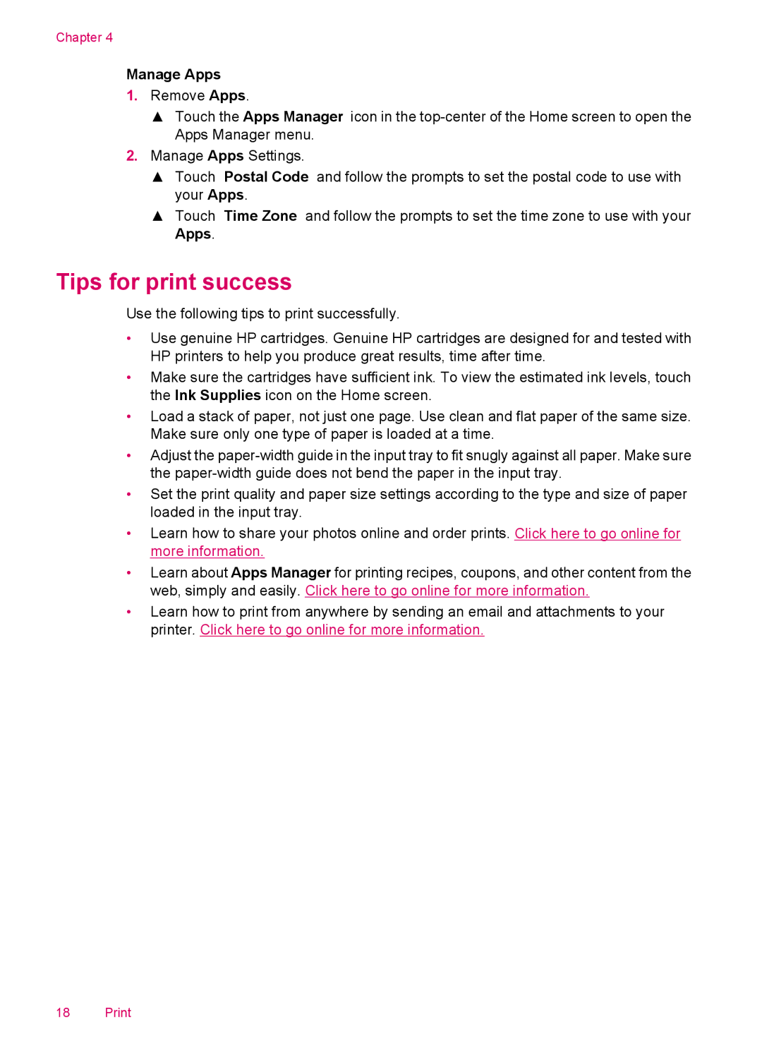 HP 100 - D410b, 100 - D410a manual Tips for print success, Manage Apps 