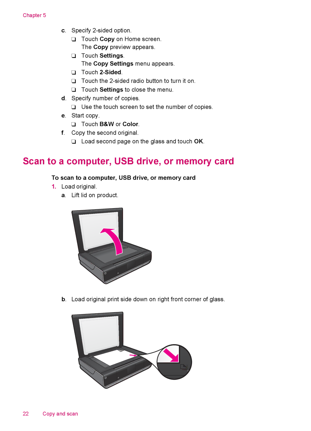 HP 100 - D410b, 100 - D410a manual Scan to a computer, USB drive, or memory card, Touch Settings 