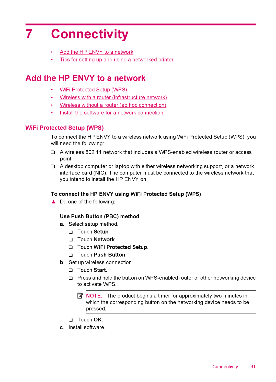 HP 100 - D410a, 100 - D410b manual Connectivity, Add the HP Envy to a network, WiFi Protected Setup WPS 