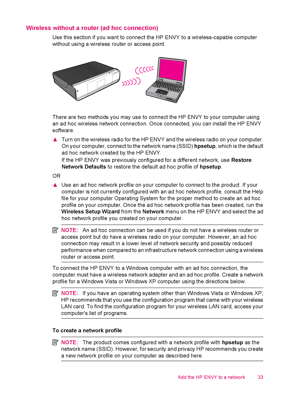 HP 100 - D410a, 100 - D410b manual Wireless without a router ad hoc connection, To create a network profile 