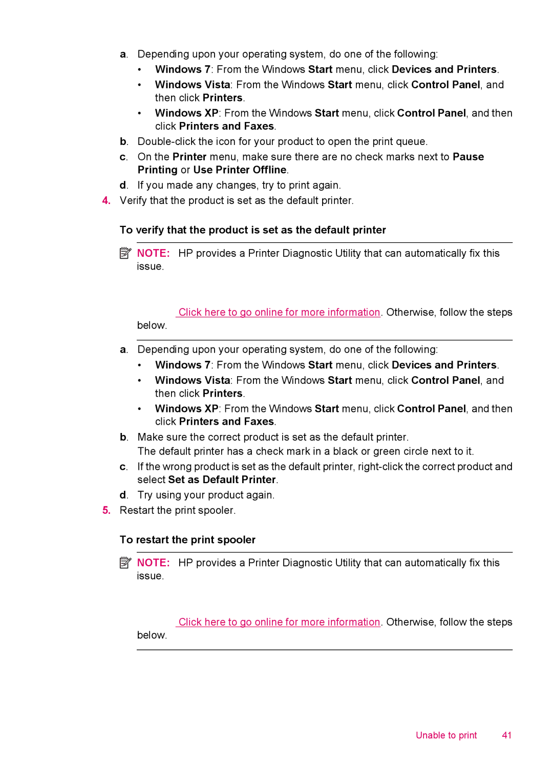 HP 100 - D410a, 100 - D410b manual To verify that the product is set as the default printer, To restart the print spooler 