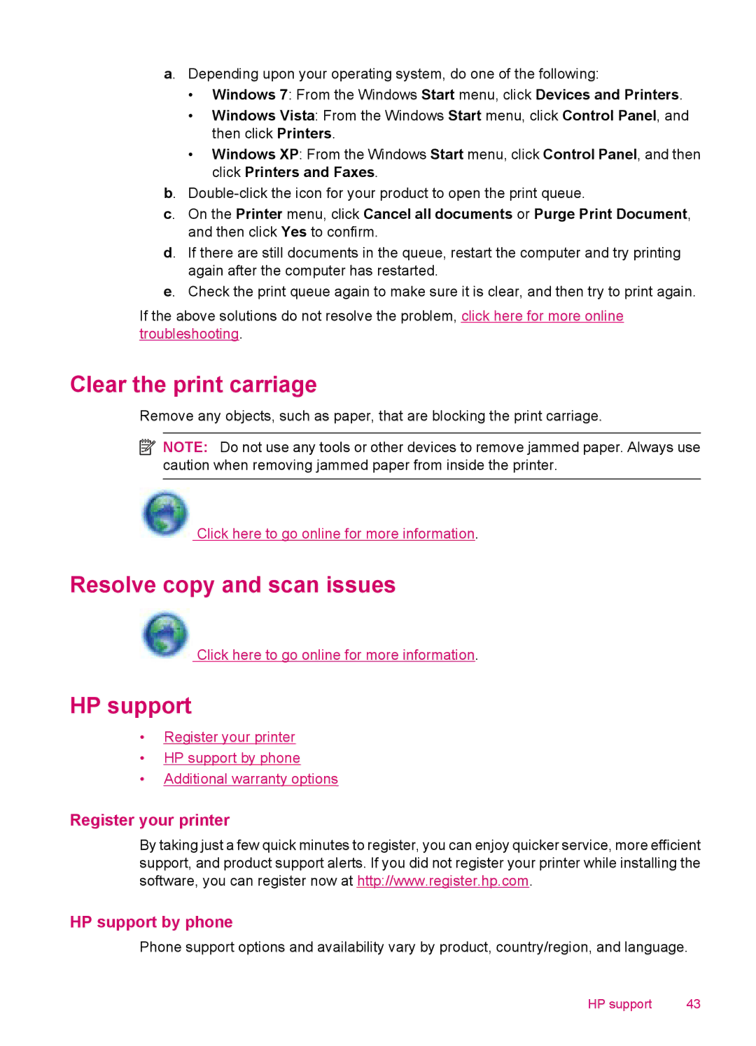 HP 100 - D410a, 100 - D410b manual Clear the print carriage, Resolve copy and scan issues, HP support 