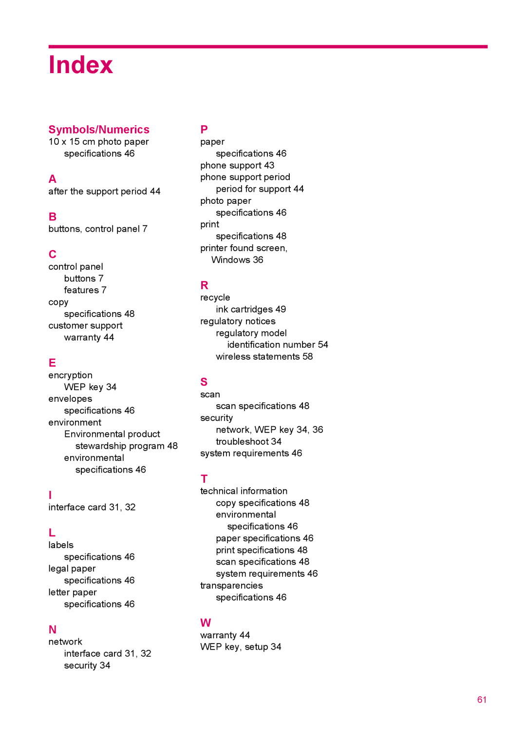 HP 100 - D410a, 100 - D410b manual Index, Symbols/Numerics 