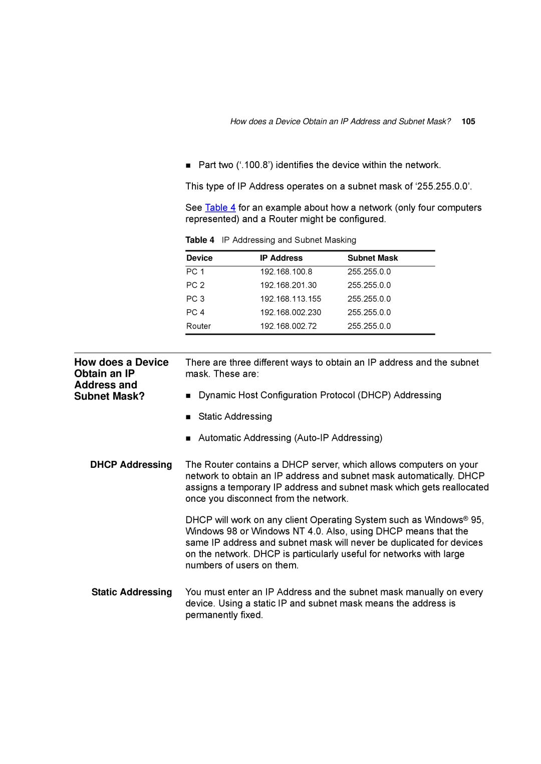 HP 100 -G Router manual How does a Device, Obtain an IP, Subnet Mask?, Dhcp Addressing, Static Addressing 