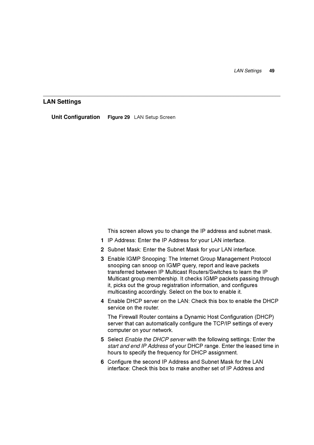 HP 100 -G Router manual LAN Settings, Unit Configuration LAN Setup Screen 