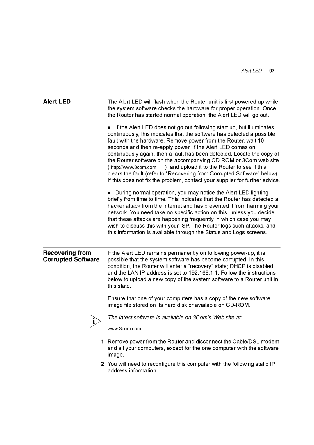 HP 100 -G Router manual Alert LED, Recovering from, Corrupted Software 