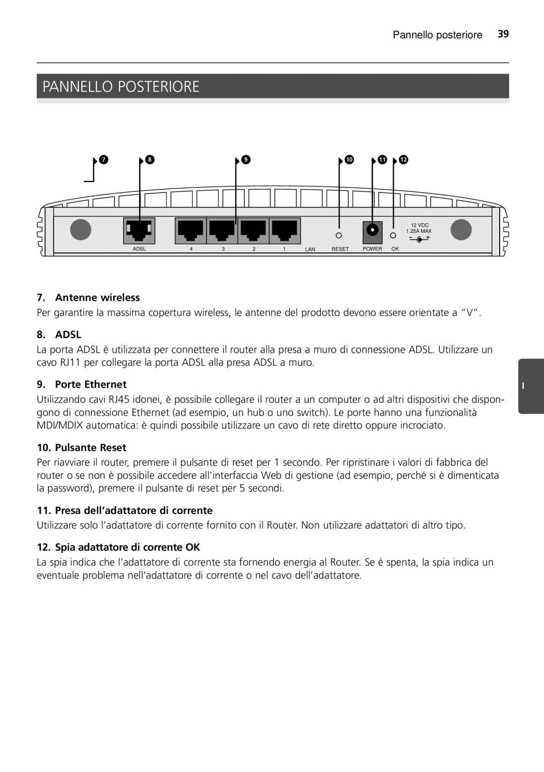 HP 100 -G Router manual Pannello Posteriore, Antenne wireless, Pulsante Reset, Presa dell’adattatore di corrente 