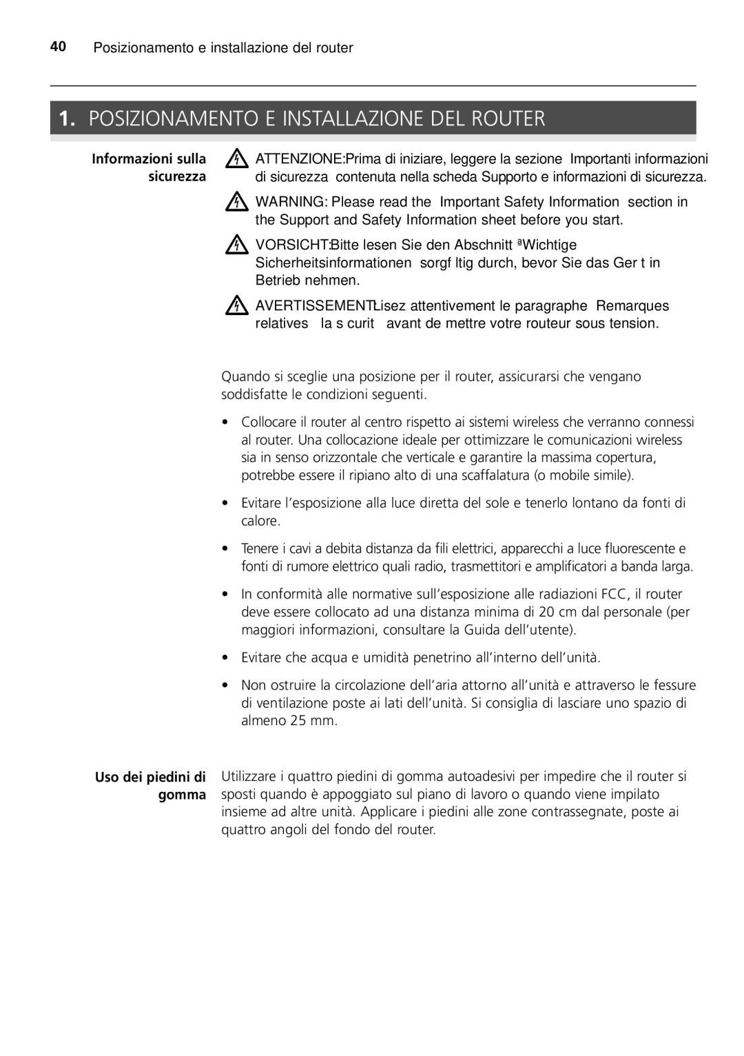 HP 100 -G Router manual Posizionamento E Installazione DEL Router, Sicurezza 