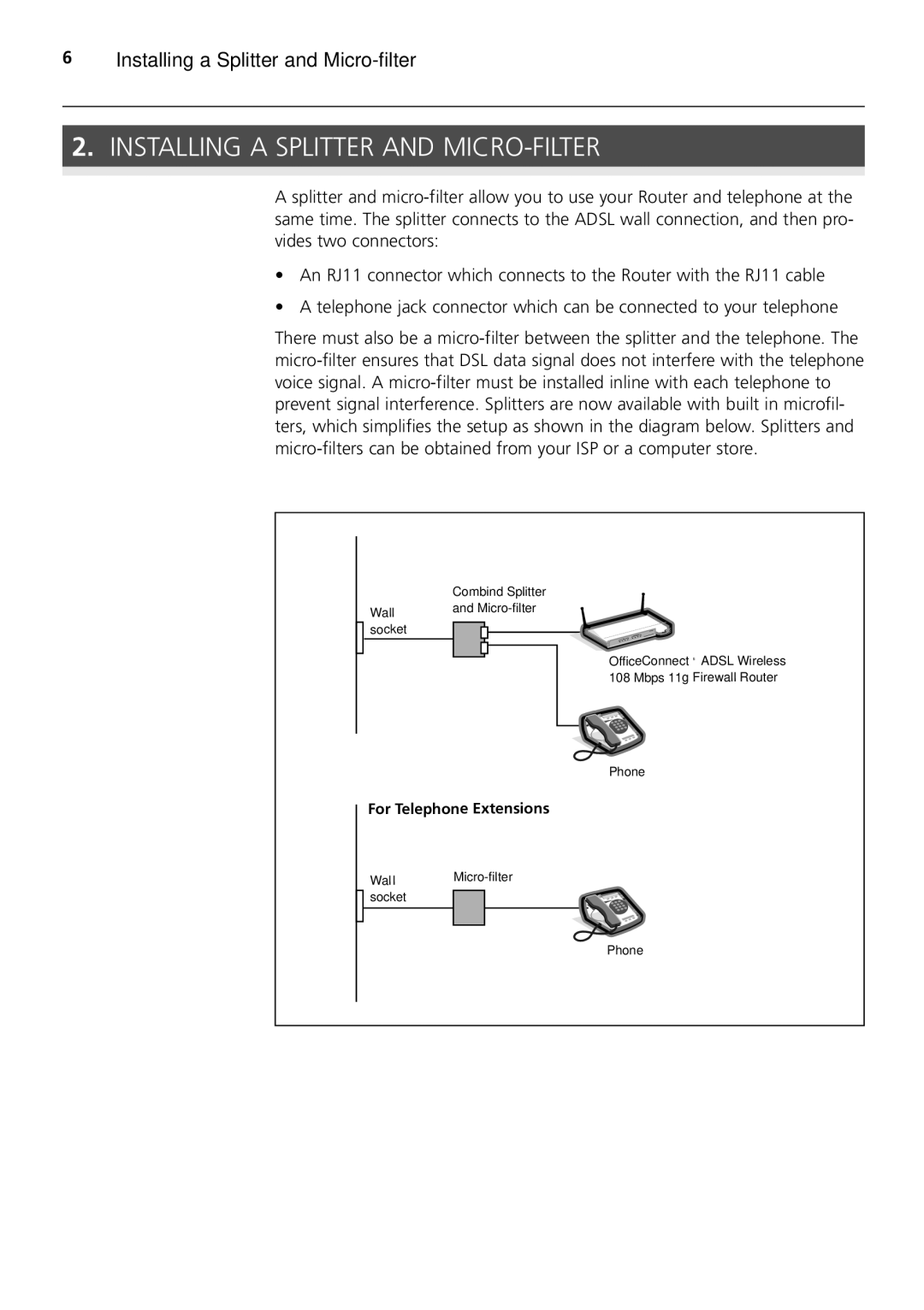 HP 100 -G Router manual Installing a Splitter and MICRO-FILTER 