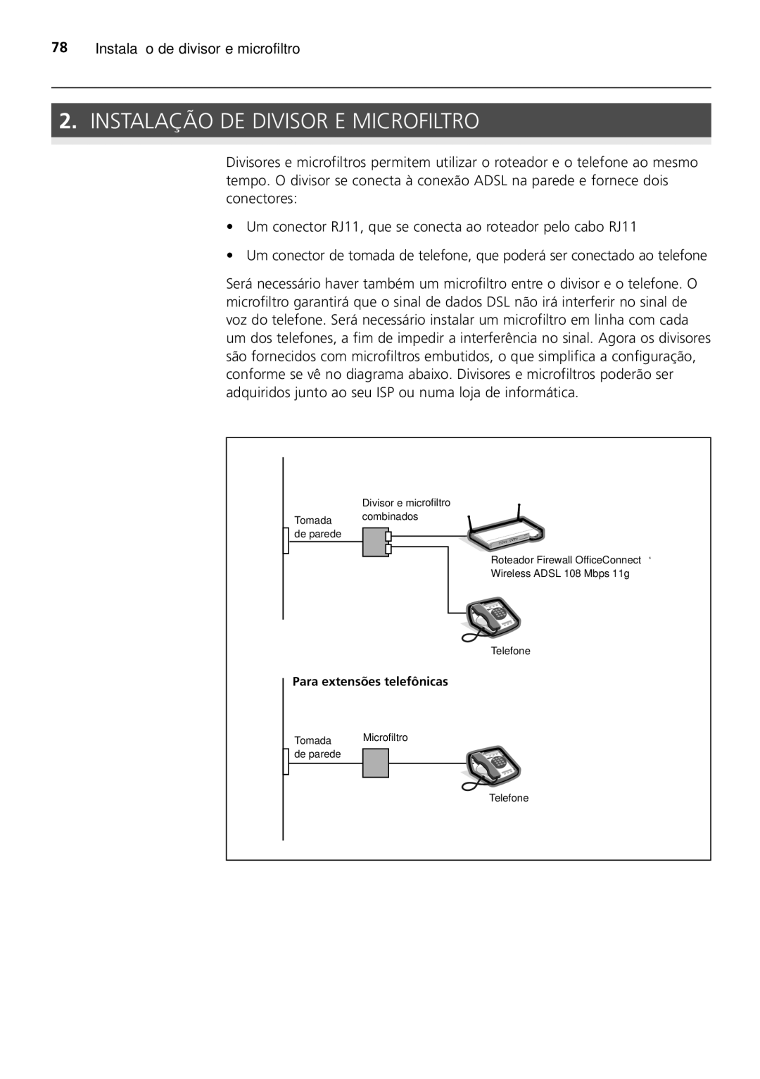 HP 100 -G Router manual Instalação DE Divisor E Microfiltro 