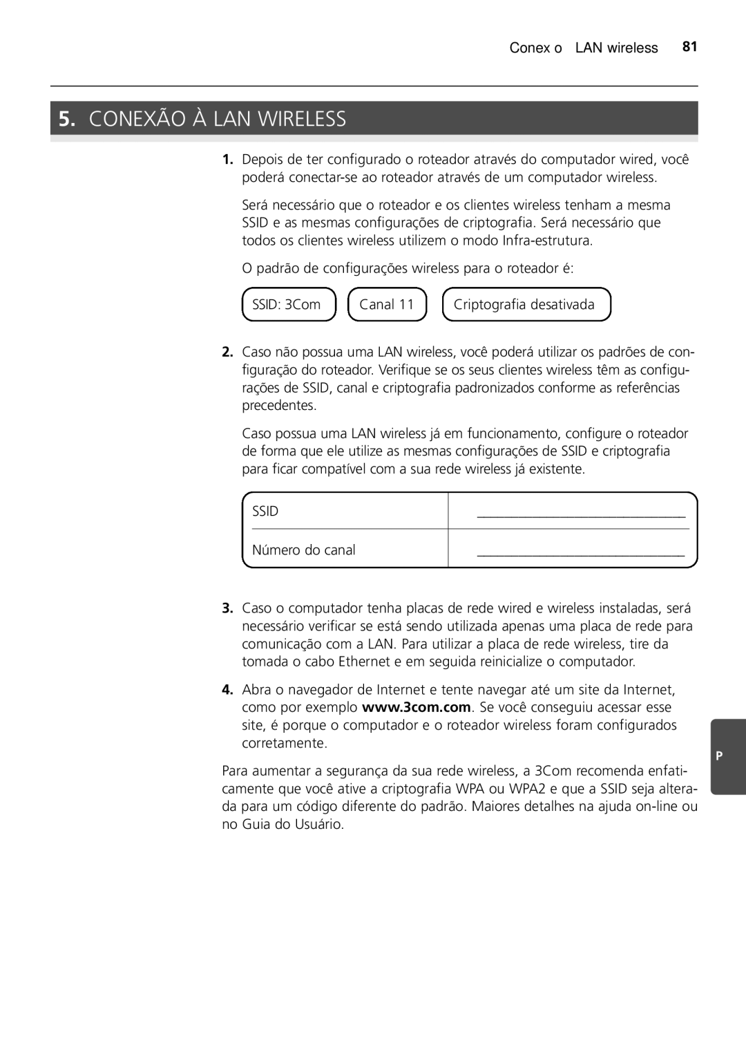 HP 100 -G Router manual Conexão À LAN Wireless, Número do canal 