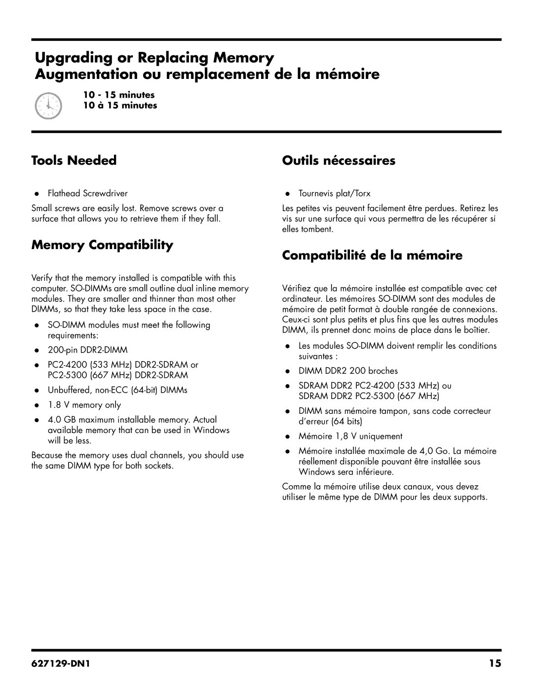 HP 100-5000z, 100-5155, 100-5154 manual Tools Needed Outils nécessaires, Memory Compatibility, Compatibilité de la mémoire 