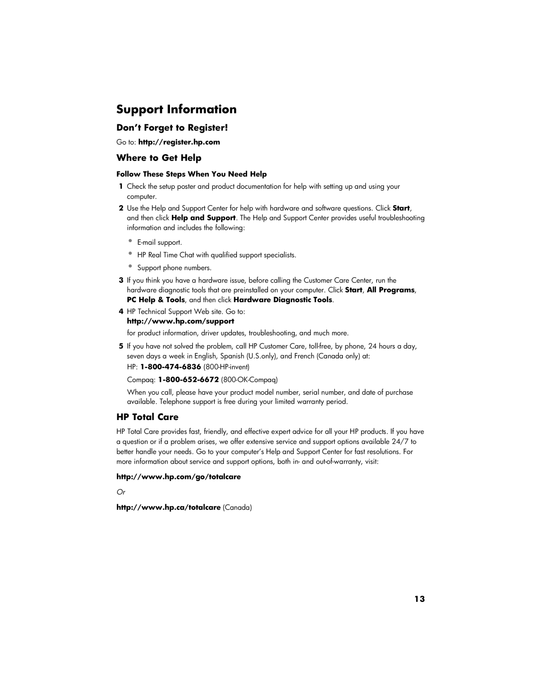 HP 200-5300t, 100-5158, 100-5155, 100-5154 Support Information, Don’t Forget to Register, Where to Get Help, HP Total Care 