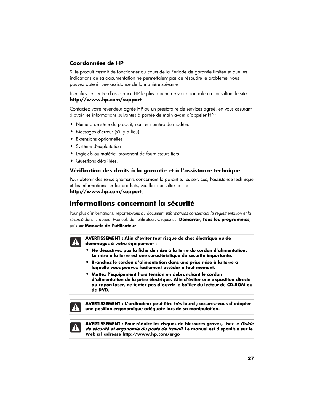 HP 200-5355, 100-5158, 100-5155, 100-5154, 100-5157, 100-5152, 100-5052 Informations concernant la sécurité, Coordonnées de HP 