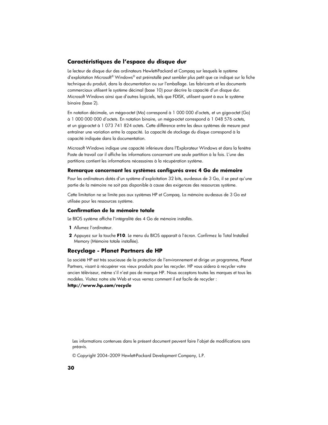 HP CQ5811 Caractéristiques de l’espace du disque dur, Recyclage Planet Partners de HP, Confirmation de la mémoire totale 