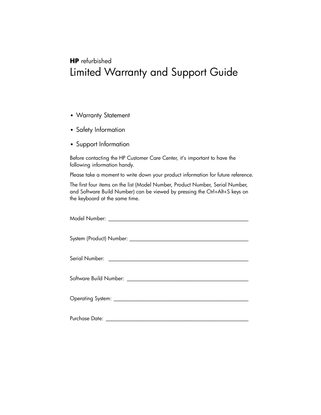 HP 100-5157 Limited Warranty and Support Guide, HP refurbished, Warranty Statement Safety Information Support Information 