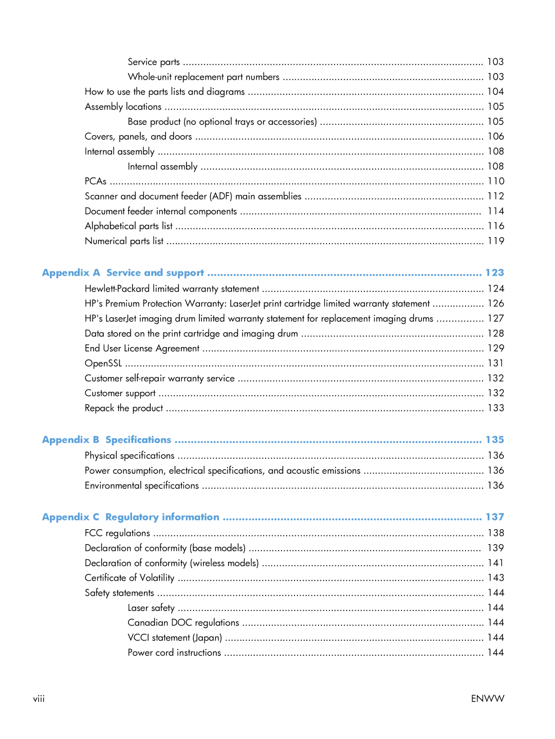 HP 100 CE866A Appendix a Service and support 123, Appendix B Specifications 135, Appendix C Regulatory information 137 