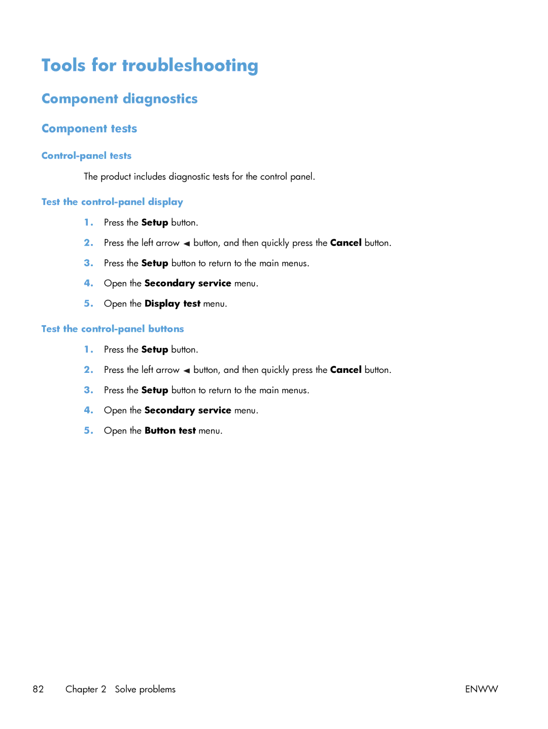 HP 100 CE866A manual Tools for troubleshooting, Component diagnostics, Component tests 